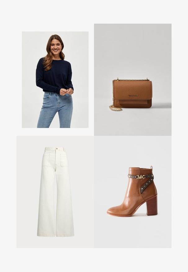 Navy knit sweater with long sleeves and a round neckline, paired with light blue fitted jeans. Soft texture and relaxed fit.; Wide-leg jeans in off-white denim. High-waisted design with a button closure, two front pockets, and contrast stitching details.; Brown leather ankle boot with stacked block heel, side strap featuring gold studs and a gold "MK" logo buckle.; Brown textured leather crossbody bag with gold chain strap and flap closure. Front features logo detail and a pocket under the flap.