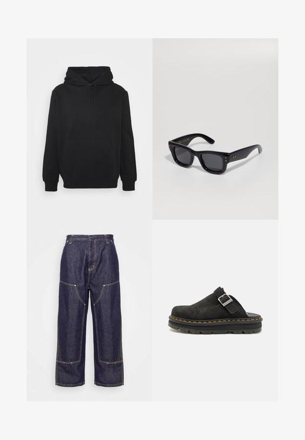 Hanorac cu glugă negru, fabricat dintr-un material moale, dotat cu un buzunar tip kangur și șnur pentru ajustarea glugii, având manșete ribbate. Design simplu, fără modele.; Carhartt WIP NASH PANT SMITH - Blugi loose fit - blue rinsed; Sabot din suede negru cu curea ajustabilă, având o talpă groasă din cauciuc negru și cusături galbene contrastante pe margine.; Ochelari de soare negri cu finisaj lucios, ramă rectangulară, lentile întunecate și accente aurii ale logo-ului pe temple. Două puncte aurii în fiecare colț frontal.