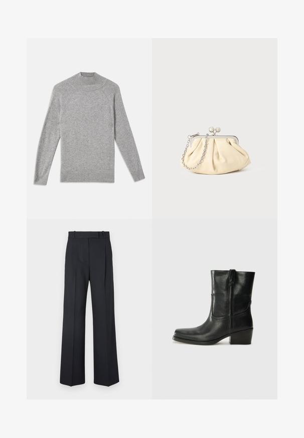 Grauer Strickpullover mit hohem Rippkragen, Raglanärmeln und gerippten Abschlüssen, der eine weiche Textur und ein schlichtes Design aufweist.; Dunkelblaue Nadelstreifenhosen mit hoher Taille, weit geschnittenem Bein und ohne sichtbare Beschläge oder Verzierungen. Glatte Textur und taillierte Passform.; Schwarze Leder-Ankle Boots mit runder Zehenform, Blockabsatz, seitlichem Reißverschluss und gestickten Akzenten auf dem Blatt. Glatte Textur, klassisches Design.; Faltige beigefarbene Ledertasche mit einem silbernen Metallrahmen, ausgestattet mit zwei runden dekorativen Verschlüssen und einem silbernen Kettenriemen.