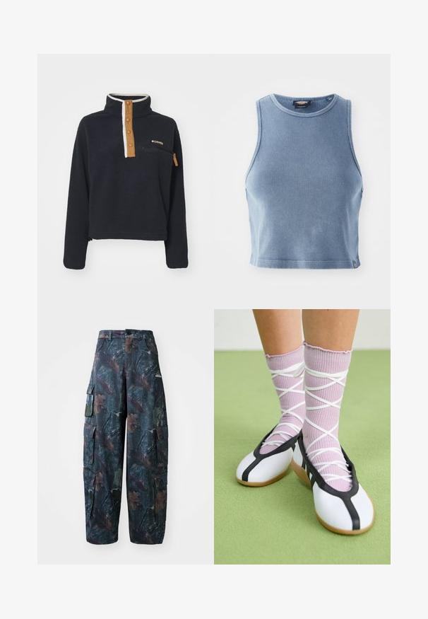 Pullover de fleece azul-marinho com gola alta, frente de meio botão e bolso no peito. Inclui um placket em tom contraste bege e um bolso com zíper.; Top cropped rib azul claro com decote redondo e design sem mangas. Textura suave e um pequeno detalhe de logotipo na bainha.; Calças cargo camufladas em verde escuro e castanho, com vários bolsos e um corte largo, feitas de um tecido leve e durável.; Sapatos brancos planos com detalhes e solado pretos, combinados com meias caneladas roxas claras com tiras brancas em cruz. Colocados sobre um fundo verde.