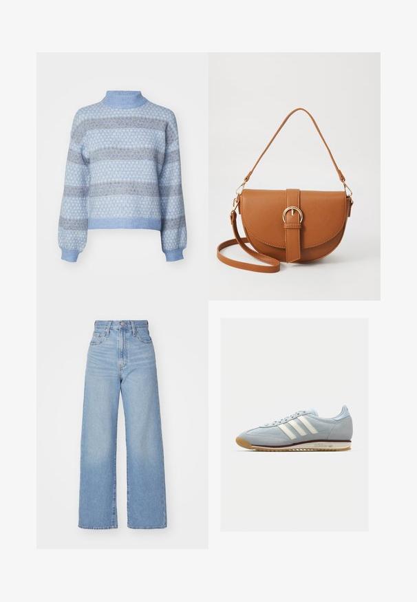 Lys blå genser med høy hals, med et diamantmønster i mørkere nyanser av blått og brunt, samt elastiske mansjetter og nederkant.; Lys blå høytlivs vide jeans med knapp- og glidelås lukking foran, foran og bak lommer, på en hvit bakgrunn.; Lys blå semsket sneakers med hvite tre striper, gummisåle og teksturert mesh. Har en jevn tåhette og merkevare på hælen.; Brun lærcrossbody-veske med en buet form, gullhardware og et spenneakcent. Har en avtakbar skulderreim.