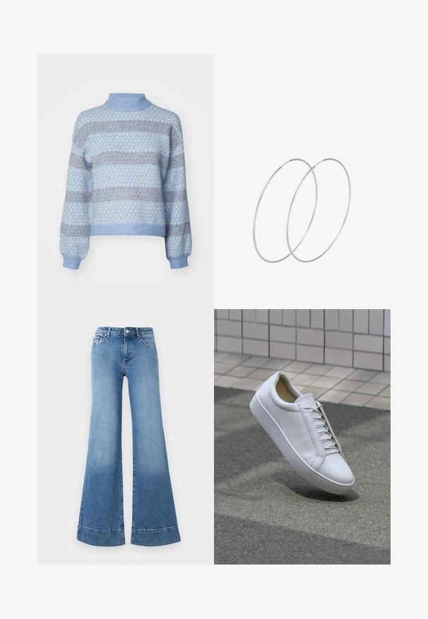 Hellblauer Pullover mit hohem Kragen, der ein Rautenmuster in dunkleren Blautönen und Braun aufweist, sowie elastischen Bündchen und Saum.; Helle blaue Denim-Jeans mit weitem Bein, hoher Taille und leichter Ausbleichung. Verfügt über klassisches Fünf-Taschen-Design und Metallknopfverschluss.; Weiße Leder-Sneaker mit runder Spitze, flacher Sohle und sechs Paar Ösen. Glatte Textur und minimalistisches Design mit Nähdetails.; Silberne Creolen mit minimalistischem Design. Rundform, glatte Oberfläche und dünnes Profil. Leichtgewichtig mit hochglänzender Oberfläche.