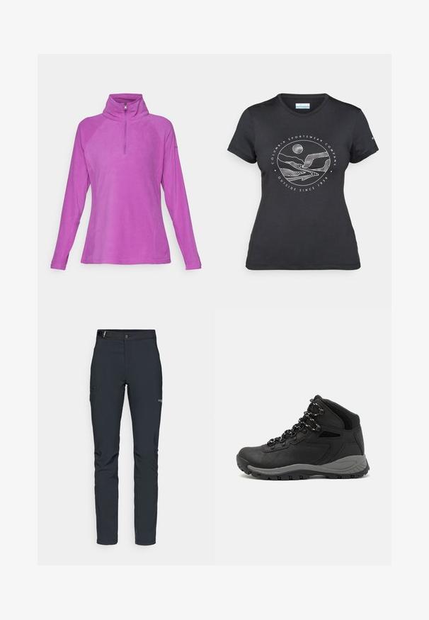 Fleece-pullari kirkkaan vaaleanpunaisena, jossa on puolivetoketjullinen kaulus, pitkät raglan-hihat ja sileä pinta ilman näkyviä kuvioita tai yksityiskohtia.; Musta Columbia T-paita, jossa on valkoinen ympyrämuotoinen vuori- ja joki-viivataide sekä teksti "Columbia Sportswear Company Ulkona vuodesta 1938."; Miestne vonkajšie nohavice, tmavo šedé, vyrobené z flexibilného materiálu, s opaskom, zipsovými vreckami a zosilneným šitím.; Musta vaelluskenkä, jossa on puolivartinen muotoilu, jolle on ominaista teksturoitu päällinen, harmaat yksityiskohdat ja kestävä kumipohja, jossa on pitoita lisääviä lukuja.