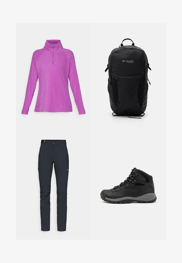 Pullover de fleece em rosa vivo, com colarinho de meio zip, mangas raglan longas e textura suave sem padrões ou detalhes visíveis.; Calças de exterior para homens, cinza escuro, feitas de material flexível, com cinto, bolsos com fecho éclair e costuras reforçadas.; Bota de caminhada preta com design de cano médio, apresentando um upper texturizado, detalhes cinzentos e sola de borracha durável com cravos de tração.; Mochila Black Columbia Titanium com uma textura de tecido suave, bolsos laterais, pega superior e alças ajustáveis. Design minimalista com uma marcação subtil.