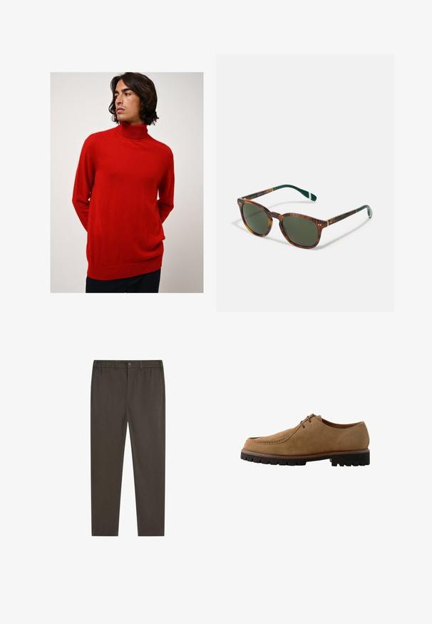 Roter, hochgeschlossener Pullover aus weichem Material. Hat lange Ärmel, eine lockere Passform und eine gerippte Textur an den Bündchen und dem Saum.; Dunkelbraune Hose mit geradem Bein, elastischem Bund, vorderem Knopfverschluss und Seitentaschen. Glatte Stofftextur.; Braune Wildleder-Schnürschuhe mit runder Spitze, gesteppten Details und einer kontrastierenden schwarzen Gummisohle mit tiefem Profil für guten Halt.; Schildkrötensonnenbrille mit grünen Gläsern, runder Form, goldenen Akzenten und dunkelgrünen Bügeln mit einem weißen Streifen.