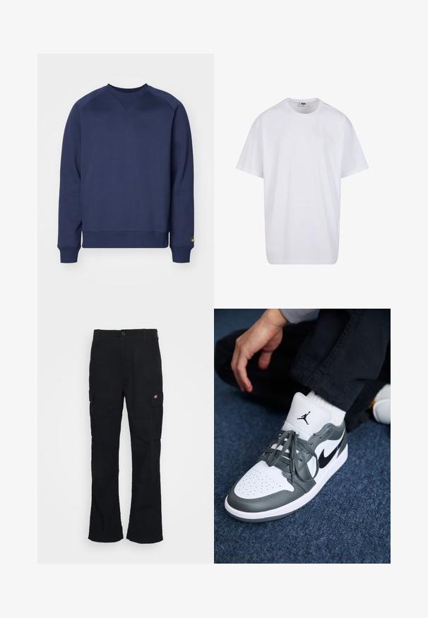 Temno modra dukserica iz mehkega blaga, s krožnim ovratnikom, rebrastimi manšetami in robom ter majhnim logotipom na rokavu.; Bela bombažna majica s kratkimi rokavi, okroglim izrezom, sproščenim krojem in brez vidnih logotipov ali vzorcev. Gladka tekstura in minimalen dizajn.; Črne cargo hlače s ravnim krojem, izdelane iz trpežnega materiala, z stranskimi žepi in našitim logotipom na levi strani.; Tenis Nike Air Jordan 1 v usnjeni kombinaciji bele in sive, z značko v črni barvi, perforiranim prstom in ravnimi sivimi vezalkami.