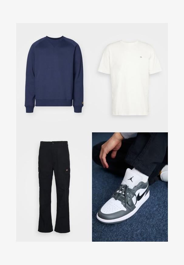 Hanorac bleumarin din material moale, cu guler rotund, manșete și tiv din țesătură cu nervuri, având un detaliu mic cu logo pe mânecă.; Tricou alb din bumbac cu decolteu rotund, mâneci scurte și un mic logo negru "W.W." pe pieptul stâng. Textură netedă, tăietură regulară.; Pantaloni cargo negri cu un design drept, fabricați dintr-un material durabil, având buzunare laterale și un logo aplicat pe partea stângă.; Adidași Nike Air Jordan 1 în piele albă și gri, cu un logo negru, vârful perforat și șireturi plate gri.
