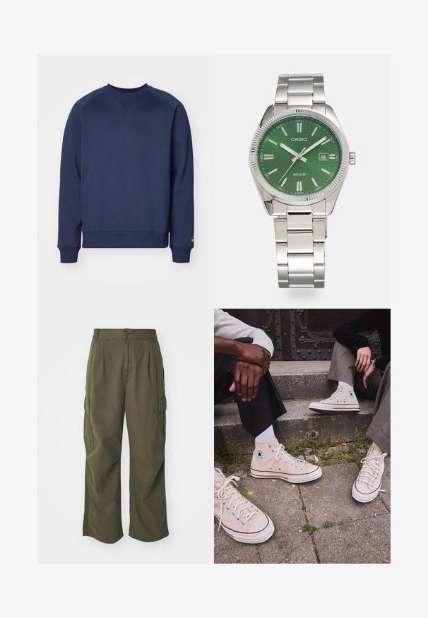 Felpa blu navy realizzata in morbido tessuto, con collo arrotondato, polsini e fondo a coste, e un piccolo dettaglio del logo sulla manica.; Pantaloni cargo in verde oliva, realizzati in cotone, con un design a gamba larga, pieghe e tasche laterali per utilità.; Sneakers alte in tela beige con striscia rossa, suola in gomma bianca e occhielli metallici, con l'iconico logo a stella sul lato.; Orologio in acciaio inossidabile argentato con quadrante rotondo verde, marcatori delle ore argentati, display della data e bracciale a maglie in metallo. Resistente all'acqua fino a 50 metri.