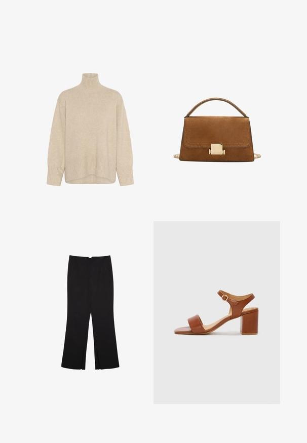 Béžový rolák vyrobený z měkkého pleteného materiálu. Disponuje vroubkovaným lemem a manžetami, má volný střih a dlouhé rukávy.; Černé kalhoty s rovným střihem, s předními kapsami a bočními rozparky na lemu. Vyrobené z jemné, hladké tkaniny. Vhodné na různé příležitosti.; Hnědé kožené sandály na podpatku se čtveratou špičkou, nastavitelným páskem kolem kotníku a blokovým podpatkem. Hladký povrch a minimalistický design.; Hnědá semišová kabelka se zlatým čtvercovým zapínáním, horním uchopem a řetízkovým popruhem. Vyznačuje se obdélníkovým tvarem a zaoblenými okraji.