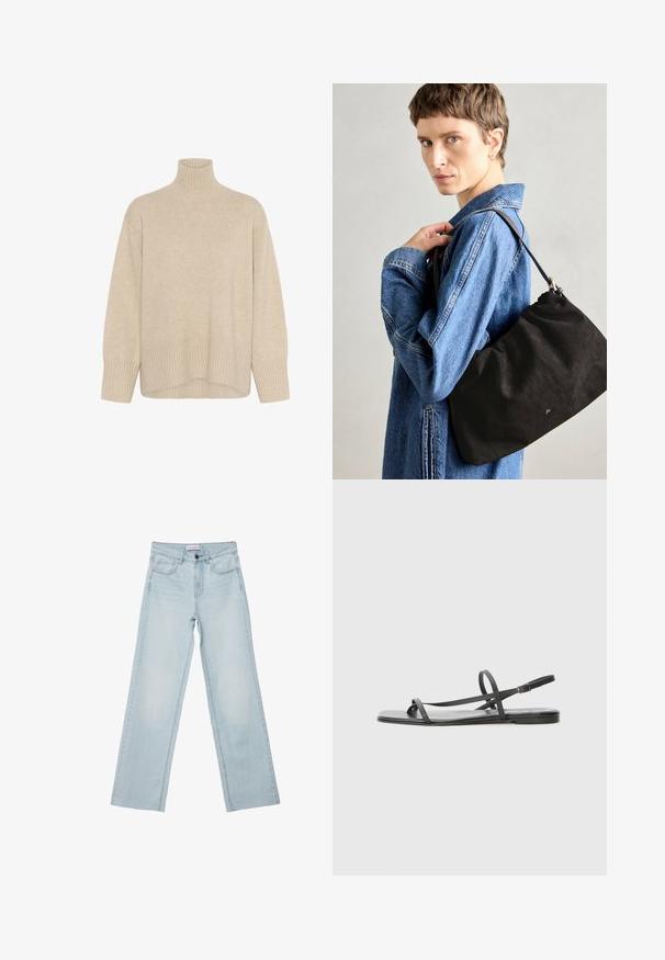 Beige polotröja tillverkad av mjukt stickat material. Har ribbade kanter och mudd, med en avslappnad passform och långa ärmar.; Ljust blå vida jeans i denim. Har fem fickor, knappgylf och blekta detaljer. Klassisk rak passform med en lös passform.; Svarta platta sandaler med smala, korslagda remmar och spänne. Designen är minimalistisk med platt sula och fyrkantig tå.; Svart mocka-handväska med en mjuk, strukturerad form, med en smal läderrem och diskret varumärkeslogotyp. Modellen har på sig en denimjacka.