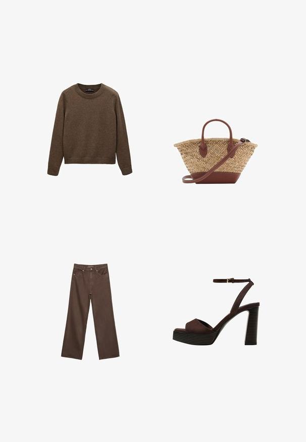 Brauner Strickpullover mit Rundhalsausschnitt, langen Ärmeln, gerippten Bündchen und Saum. Die Textur wirkt weich und gewebt. Keine Muster oder Verzierungen.; Weite braune Jeans aus Denim, mit hoher Taille, Fronttaschen und klassischem Knopfverschluss. Glatte Textur mit feinen Nähten.; Braune Wildleder-Pumps mit offenem Zeh, verstellbarem Knöchelriemen und gestreiftem Plateausohlen.; Geflochtene Strohtasche mit braunen Lederakzenten, zwei Griffen und einem abnehmbaren Gurt. Kurvenform mit einem stabilen Boden.