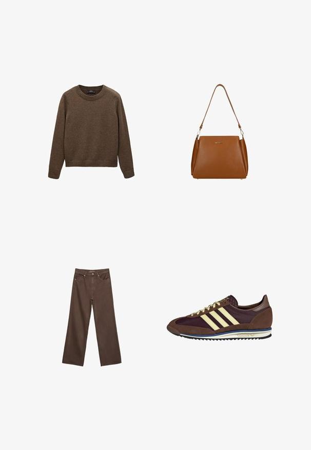 Maglione marrone a maglia con scollo rotondo, maniche lunghe, polsini e orlo a costine. La texture appare morbida e intrecciata. Nessun motivo o decorazione.; Jeans a gamba larga marroni in denim, con vita alta, tasche anteriori e chiusura a bottone classica. Tessuto liscio con cuciture sottili.; Sneaker marrone e bordeaux realizzato in materiali scamosciati e in rete, caratterizzato da tre strisce color crema, tessuto testurizzato sulla linguetta e suola in gomma.; Borsa a tracolla in pelle marrone con superficie texturizzata, una singola tracolla e un logo sottile sul davanti. Presenta un design strutturato.