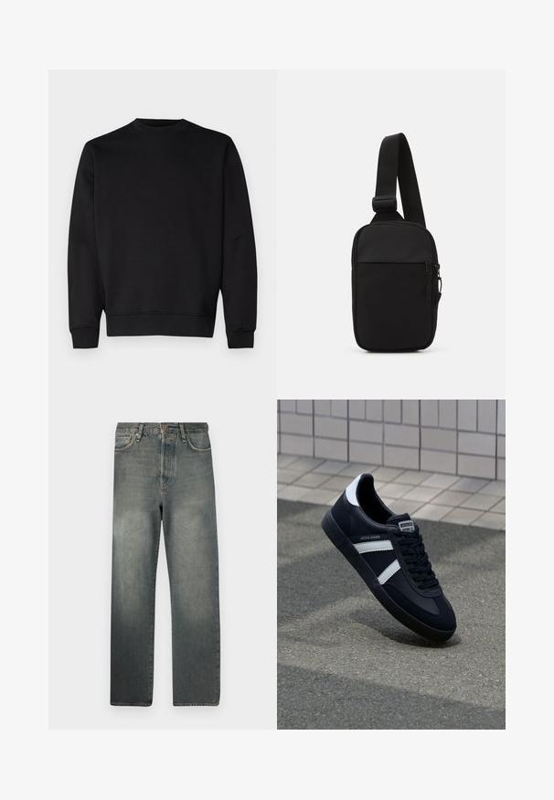 Hanorac negru fabricat dintr-un material moale, cu un guler rotund, mâneci lungi și manșete și tiv din material ribatat pentru un aspect ajustat.; Jack & Jones JJIALEX JJCOOPER - Blugi largi - black denim; Sneaker din piele neagră cu dungi albe, talpă din cauciuc texturat și șireturi. Prezintă un eticheta de marcă pe limbă.; Geantă crossbody neagră, confecționată dintr-un material rezistent, dotată cu o curea ajustabilă, un compartiment principal cu fermoar și o buzunar frontal.
