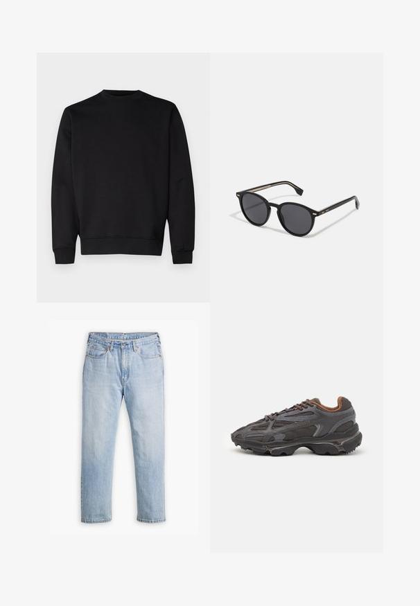 Black sweatshirt made from soft fabric, featuring a round neckline, long sleeves, and ribbed cuffs and hem for a fitted look.; Light blue denim jeans with a straight leg design, five-pocket style, and contrasting stitching. Button and zipper closure at the waist.; Lacoste sneakers in dark gray with mesh and synthetic material, featuring a textured sole and brown accents on the collar and branding.; BOSS Sunglasses - black