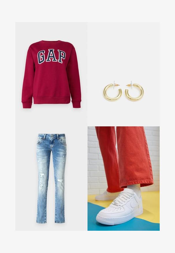 GAP HERITAGE - Sudadera - beet red; Jeans de mezclilla azul claro con un corte relajado, que presentan detalles desgastados, un cierre de botón con dos botones y piernas rectas.; Zapatilla de cuero blanco con caja de dedos perforada, suela texturizada y cordones blancos, combinada con pantalones rojos amplios y un fondo azul y amarillo.; Aretes de aro de oro con un acabado suave y brillante. Diseño circular que presenta un pequeño post y un respaldo transparente para un uso seguro.