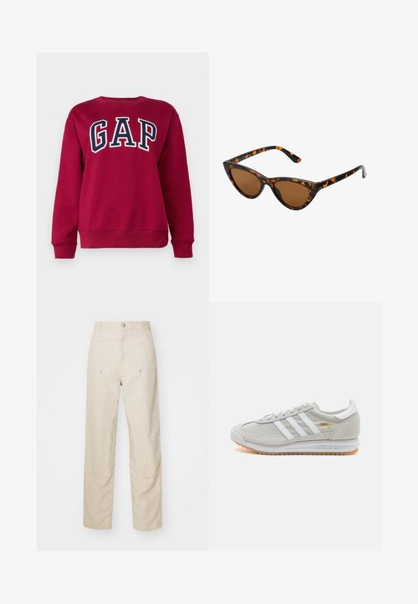 GAP HERITAGE - Ikdienas džemperis - beet red; Bēša lina bikses ar brīvu piegriezi, ar sānu kabatām un dekoratīvām šuvēm, bezšuvju jostasvietu un taisnām kājām.; Gaišpelēka kedas, izgatavotas no zamša un sieta, ar trim baltām svītrām, apaļu purngalu un gumijas zoli. Zelta logo akcenta detaļa blakus auklām.; Kaķa acs saulesbrilles ar melnu un oranžu bruņurupuču rakstu rāmi, brūnām lēcām un elegantiem, norādītiem galiem. Rāmī ir minimālists logos uz tempļa.