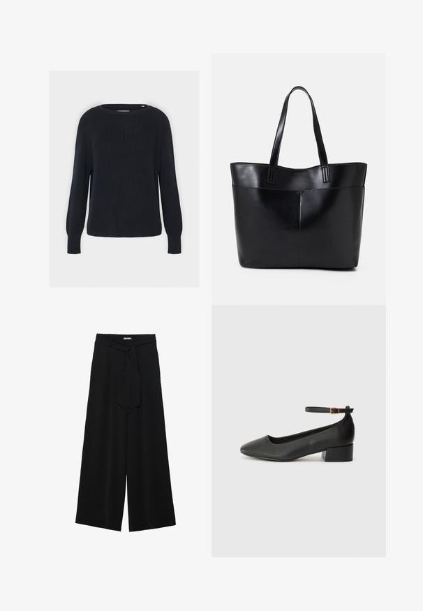 Suéter tricotado azul-marinho com gola redonda, textura canelada e mangas raglan longas. Apresenta um corte reto na bainha.; Calças largas pretas com um tecido texturizado, uma cintura elástica e um laço destacável na cintura para um ajuste ajustável.; Sandal de pele preta com bico pontiagudo e um salto bloco baixo. Apresenta uma tira no tornozelo com uma fivela em tom dourado. Textura suave.; Bolsa tote preta em couro com duas alças longas, textura suave e forma estruturada. Apresenta um bolso frontal para armazenamento adicional.