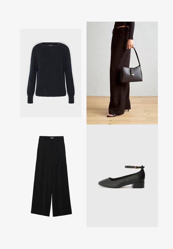 Navy blue knitted sweater with a round neck, ribbed texture, and long raglan sleeves. Features a straight cut at the hem.; Black wide-leg pants featuring a textured fabric, an elastic waistband, and a detachable sash tie at the waist for adjustable fit.; Black leather pump with a pointed toe and a low block heel. Features an ankle strap with a gold-tone buckle. Smooth texture.; Black handbag with structured shape, smooth texture, and a metallic clasp. Paired with wide black pants and open-toe sandals on wooden floor.