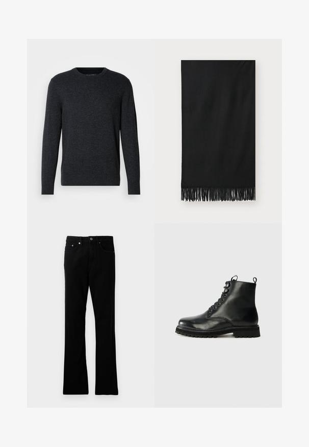 Ciemnoszary sweter dzianinowy z długimi rękawami, okrągłym dekoltem, ściągaczami przy rękawach i u dołu. Gładka faktura z subtelną różnorodnością koloru. Brak wyraźnych wzorów.; Czarne dżinsy o prostym kroju, pięć kieszeni, metalowe zapięcie na guzik oraz subtelne detale w zdobieniach. Gładka tekstura i jednolity kolor.; Czarne skórzane botki za kostkę z okrągłym noskiem, sznurowanym przodem i teksturowaną gumową podeszwą. Posiadają pętelkę na pięcie oraz kontrastowe szwy.; Czarny szalik z frędzlami na końcach; wykonany z miękkiego materiału o gładkiej fakturze. Prostokątny kształt, odpowiedni do różnych stylizacji.