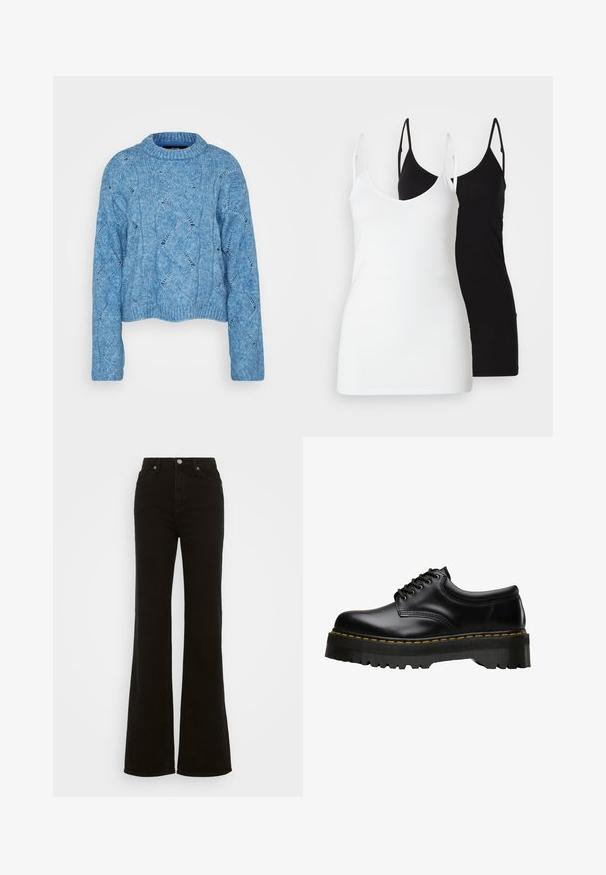 Vero Moda Tall VMLINA O NECK - Πουλόβερ - allure melange; Δύο γυναικεία τοπ: ένα λευκό και ένα μαύρο, κατασκευασμένα από μαλακό ύφασμα, με λεπτές τιράντες και βαθύ V-λαιμό.; Μαύρα τζιν παντελόνια με ψηλή μέση και φαρδιά γραμμή από ντένιμ, με κούμπωμα κουμπιού, πλαϊνές τσέπες και λεία υφή.; Μαύρο δερμάτινο παπούτσι με λουριά, διαθέτει χοντρή, οδοντωτή μαύρη καουτσούκ σόλα και κίτρινη ραφή κατά μήκος της άκρης, με λείο φινίρισμα.