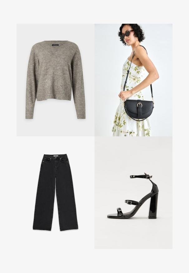 V-kaelusega pikkade varrukatega soe kerge hallist kudumist, mille alumine osa on soonikuga. Kerge tekstuur, veidi lühendatud disain ja lõdva istuvusega.; Mustad laiad teksapüksid, mis on valmistatud denimist, kõrge vöökoht, kaks esikotti ning nööp- ja tõmbluku sulgemine.; Mustad läikiva lakknahaga kõrge kontsaga sandaalid kahe pandlaga, kandilised varbad ja jäme plokk-kontsaosa, millel on sile ja läikiv tekstuur.; Mustmust mustraha kõverate joontega, eemaldatava rihmaga ja kuldsete detailidega. Kotil on klapp, millel on pandladetail.