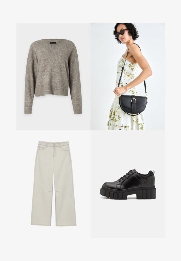 Svetr s výstřihem do V a dlouhým rukávem v jemné šedé pletenině s vroubkovaným lemem. Lehká textura, mírně zkrácený střih s uvolněným střihem.; Světle šedé kalhoty s širokými nohavicemi, pěti kapsami, předním zapínáním na knoflík a kontrastním stehem podél švů. Materiál vypadá jemně a odolně.; Černé kožené platformové boty s masivním blokovým podpatkem, kulatou špičkou a tradičním šněrováním. Mají hladký povrch a minimální detaily.; Černá kožená kabelka s křivkovým tvarem, odnímatelným popruhem a zlatými detaily. Kabelka má klopu s přezkou.