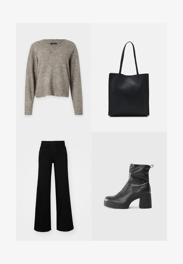 V nyakú, hosszú ujjú pulóver világosszürke kötött anyagból, bordás hem-el. Könnyű textúra, enyhén rövidített fazon, laza illeszkedéssel.; Fekete, bő szárú farmernadrág, amelynek állítható derékrésze van, övhurkokkal és elülső zsebekkel. Simaság jellemzi, klasszikus dizájnnal.; Fekete bokacsizmák sima bőrből, oldalsó cipzárral, vastag, texturált sarkú és lekerekített orrú dizájnnal.; Fekete bőrtáska sima felszínnel, téglalap alakú, két hosszú füllel. Nincs látható fémkiegészítő vagy díszítés.