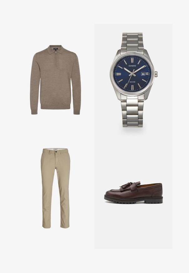 Šviesiai rudas megztinis su užtrauktuku ant kaklo, ilgomis rankovėmis ir minkšta tekstūra, pagamintas iš švelnaus mezgimo medžiagos.; Smėlio spalvos medvilnės kelnės su liekna prigludimu, turinčios priekinį užtrauktuką, sagos užsegimą ir keturis kišenes. Lygus paviršius, be raštų ar akcentų.; Zign Puošnūs įsispiriami bateliai - brown; Sidabrinis nerūdijančio plieno laikrodis su tamsiai mėlynu ciferblatu, metaliniais valandų žymenimis ir datos langeliu 3 valandą. Atsparus vandeniui iki 50 metrų.