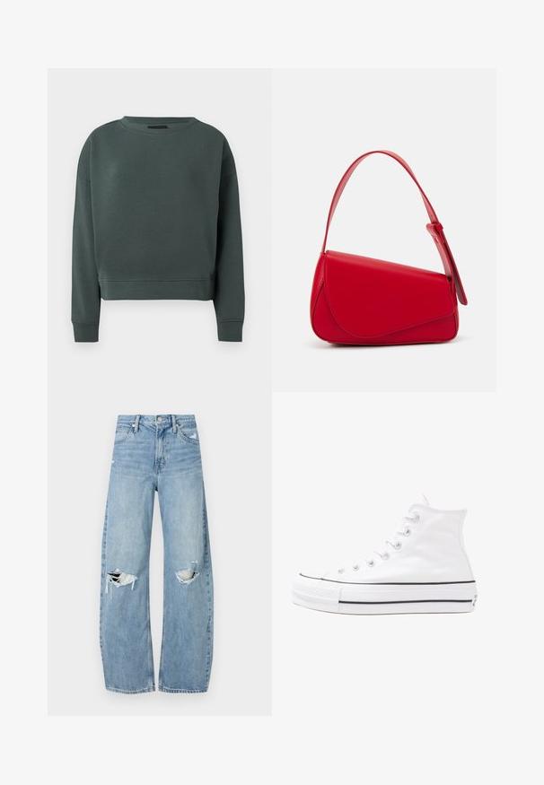 Temnozelena sweatshirt iz gladke mešanice bombaža. Ima okroglo ovratnico in rebraste manšete. Skrajšana zasnova z minimalnimi šivi.; Svijetloplave traperice visoki struk. Imaju široke nogavice, dva poderana područja na koljenima i klasičan petotoksi stil.; Beli visoki platneni športni čevelj z črnim gumijastim podplatom, sprednjim gumijastim zaščitnikom za prste in šestimi luknjicami za vezalke, ki se ponaša s preprostim, minimalističnim dizajnom.; Rdeča usnjena torba z angularnim, geometrijskim dizajnom. Ima en samostoječ nastavljiv ročaj in pokrov, zaprt z zapiranjem, ki je okrašen s šivi.