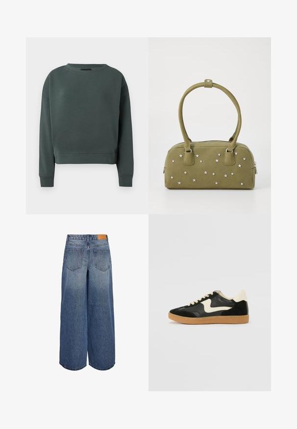 Hanorac verde închis, confecționat dintr-un amestec de bumbac fin. Dispune de un guler rotund și manșete ribbate. Design scurt, cu detalii minime de coasere.; Culottes din denim cu pantaloni largi, în nuanța albastru mediu, cu o textură decolorată, având două buzunare pe spate și un etichetă de marcă din piele maro pe talie.; Tenisi din suede și piele negri cu un swoosh lateral de culoare crem și călcâi de un crem deschis. Prezintă șireturi bej și o talpă din rubber de tip gum.; Geantă din faux suede verde măsliniu, decorată cu stele argintii și ținte. Dispune de două mânere scurte și un închizător cu fermoar în partea de sus.