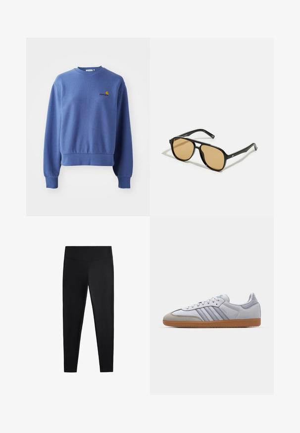 Kék, pamutkeverékből készült pulóver, kerek nyakkivágással és bordázott mandzsettákkal. Narancssárga és piros hímzett logóval a mellrészen.; Fekete leggings sima, rugalmas anyagból. Széles derékpánt és szűkülő lábzárás jellemzi, alkalmas aktív vagy laza viseletre.; Fehér bőr sportcipők világoskék részletekkel, szürke velúr orral és barna gumitalppal. Három kék csíkkal és "Samba" felirattal rendelkezik.; Fekete napszemüveg barna árnyalatú lencsékkel; téglalap alakú, vastag kerettel, a szárakon diszkrét fém részletekkel.