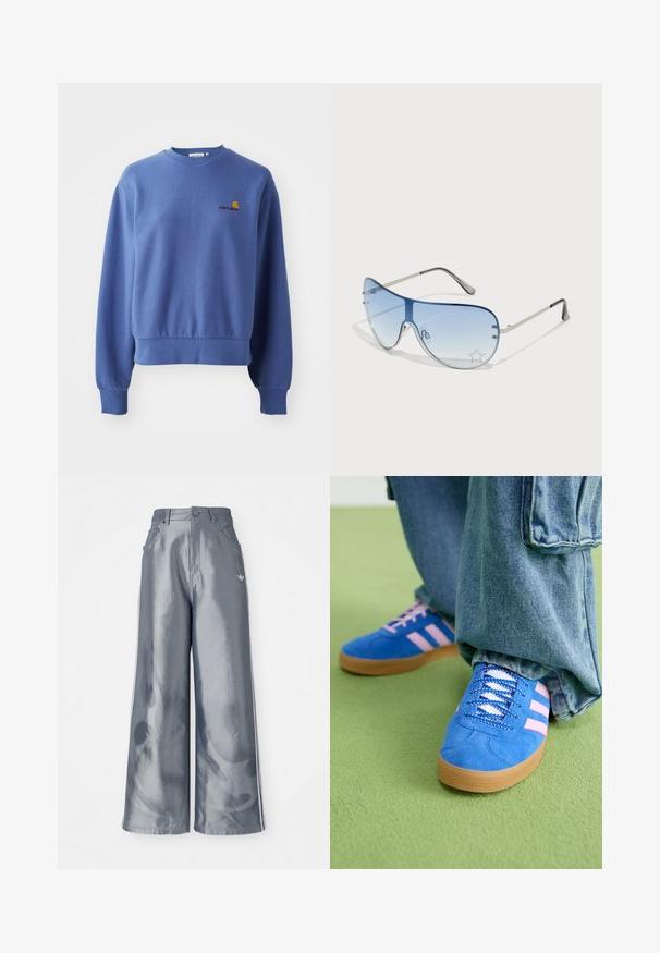 Sweatshirt bleu en mélange de coton, avec un col rond et des poignets côtelés. Logo brodé sur la poitrine en orange et rouge.; Pantalons à jambes larges en matériau gris brillant, présentant des bandes latérales blanches et un motif de flammes sur les jambes inférieures. Fermeture à bouton et à zip à la taille.; Des chaussures en daim bleu avec des rayures roses et des lacets blancs, dotées d'une semelle en caoutchouc gomme, assorties à un pantalon en denim ample sur une surface verte.; Lunettes de soleil aviateur avec des verres dégradés bleus, une monture en métal argenté et des accents décoratifs en forme d'étoile sur les verres. Design lisse et élégant.