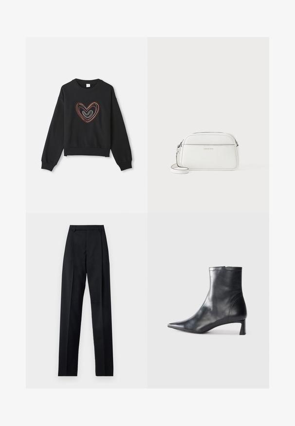 Fekete pulóver, amely színes szívmintával rendelkezik, ívelt vonalakkal. Kerek nyak, hosszú ujjú, bordázott mandzsettákkal és alsó reszelővel.; Fekete nadrág sima anyagból, magas derékkal, széles lábakkal, elülső redőkkel és klasszikus övhurkokkal. Oldalzsebek nem láthatók.; Fekete bőr bokacsizma hegyes orral és letisztult dizájnnal. Alacsony sarka és hátsó cipzáras záródása van. Simának tűnő textúra.; Fehér bőr keresztpántos táska, téglalap alakú, sima felülettel, cipzáros záródással, állítható pánttal, minimalista dizájn, dombornyomott logo-val.