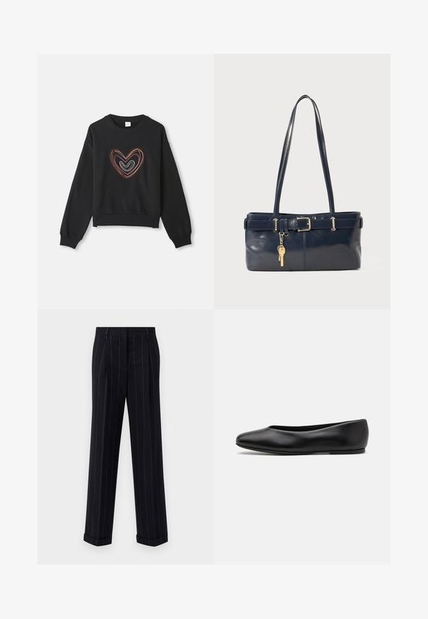 Musta collegepaita, jossa on monivärinen sydäntiiviste, jossa on kaarevat viivat. Pyöreä pääntie, pitkät hihat sekä resorit hihansuissa ja helmassa.; Musta raidallinen housut, joissa on säädettävä istuvuus, varustettuna kääntölahkeilla ja etukäpälillä. Valmistettu sileästä kankaasta, jossa on jämäkkä muotoilu.; Paul Smith TOPANGA - Ballerinat - black; La handbagin sininen nahka, jossa on kaksi pitkää kahvaa, Buckle-yksityiskohta ja avaimenperä kiinnitettynä. Sen pinta on sileä ja muoto on suorakulmainen.