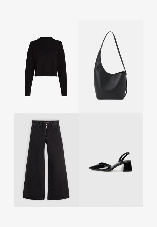 Suéter negro corto con textura acanalada, mangas anchas y un sutil logo "CK" en la parte delantera. Presenta un cuello redondo alto.; Jeans de pierna ancha en denim negro con cierre frontal, diseño de cinco bolsillos y detalles de costura sutiles. Textura suave y estilo casual.; Zapatos de tacón slingback de charol negro con punta afilada y tacón geométrico en bloque. Presentan un diseño elegante y minimalista, así como una textura suave.; Bolso tipo hobo de cuero negro con una textura suave, forma curvada y una sola correa ajustable; presenta una amplia apertura en la parte superior.