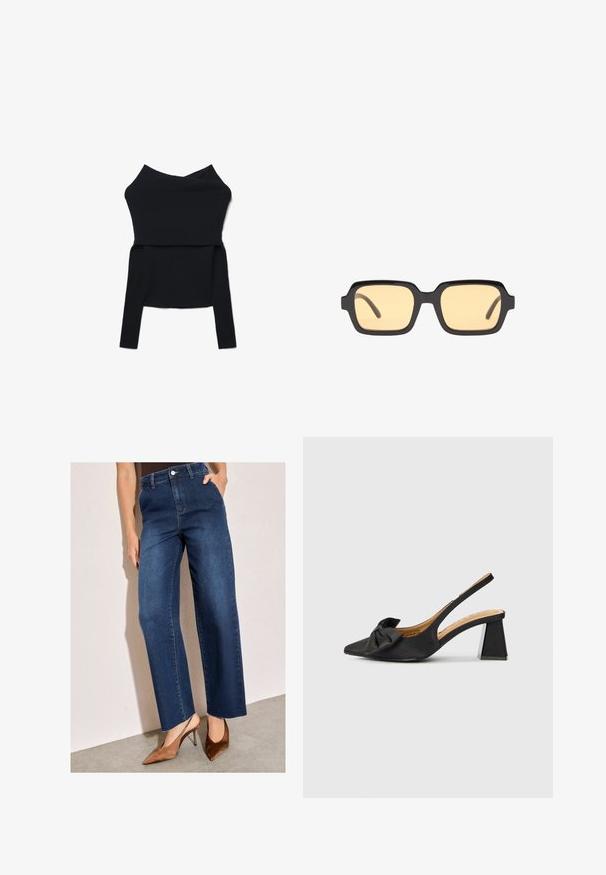 Schwarzes langärmliges Strickoberteil mit weitem, umschlagbarem Off-Shoulder-Ausschnitt und taillierter Silhouette.; Dunkelblaue hoch taillierte Jeans mit weitem Bein, aus Denim mit rohem Saum. Kombiniert mit braunen Slingback-Absätzen mit spitz zulaufender Vorderseite.; Schwarzer Slingback-Schuh mit spitzer Spitze, verziert mit einer Stoffschleife und einem niedrigen Blockabsatz. Das Material wirkt glatt mit mattem Finish.; Schwarze rechteckige Sonnenbrillen mit gelben Gläsern, leichtem Rahmen und charakteristischen stumpfen Kanten an den Bügeln. Glatte, glänzende Oberfläche.; Schwarze Kunstleder-Handtasche mit einzigartiger Halbmondform, einem breiten, gepolsterten Henkel und einem Reißverschluss. Glatte, glänzende Textur, minimalistisches Design.