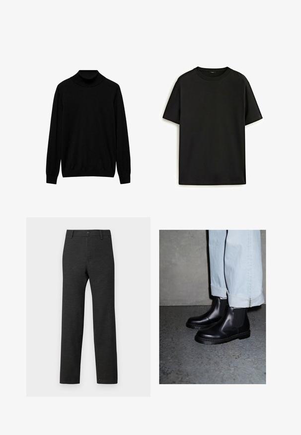 Czarny sweter z golfem, wykonany z gładkiego dzianinowego materiału, z długimi rękawami i dopasowanym kołnierzem, o prostym, bezszwowym wzornictwie.; Czarny bawełniany t-shirt z klasycznym okrągłym dekoltem, krótkimi rękawami i luźnym krojem. Gładka faktura, bez wzorów ani ozdób.; Ciemnoszare spodnie wykonane z tkaniny woskowanej, z prostym krojem nogawek, z pętelkami na pasek i pojedynczym zapięciem na guzik w talii.; Czarne skórzane botki Chelsea z elastycznymi panelami po bokach i teksturowaną gumową podeszwą, zestawione z jasnoniebieskimi jeansami z mankietami.