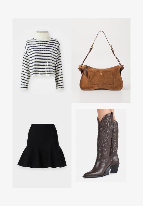 Przycięty sweter z wysokim kołnierzem, w marynarskie i białe poziome paski, z połyskującym wykończeniem i cekinami dla tekstury i blasku.; Czarna spódnica w kształcie dzwonu wykonana z miękkiego materiału. Posiada dopasowaną talię i falistą linię dołu, tworzącą warstwowy efekt.; Brązowe skórzane kowbojki z noskiem w kształcie migdała i blokowym obcasem, z detalicznym przeszyciem i podniesionymi akcentami na cholewce.; Dolce Vita JOSIE brązowy; Złote kolczyki o gładkim, zaokrąglonym kształcie, z błyszczącą powierzchnią i zapięciu na sztyft, zapewniającym bezpieczne noszenie.