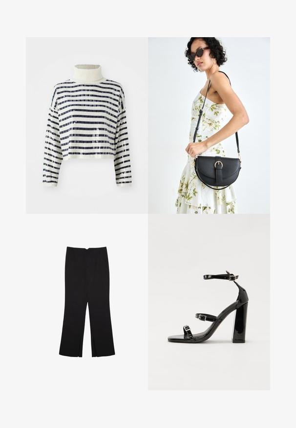 Verschoten trui met een hoge kraag, voorzien van marineblauwe en witte horizontale strepen en een paillettenafwerking voor textuur en sparkle.; Zwarte broek met een rechte pasvorm, voorzien van zijzakken en plooien aan de onderzijde. Gemaakt van zachte, gladde stof. Geschikt voor verschillende gelegenheden.; Zwarte gepatenteerde sandalen met hak en een vierkante neus, enkelbandjes en zilveren gespen. Heeft een stevige blokhak voor stabiliteit.; Zwarte leren handtas met een gebogen vorm, afneembare schouderband en gouden hardware. De tas heeft een klep met een gespsluiting.