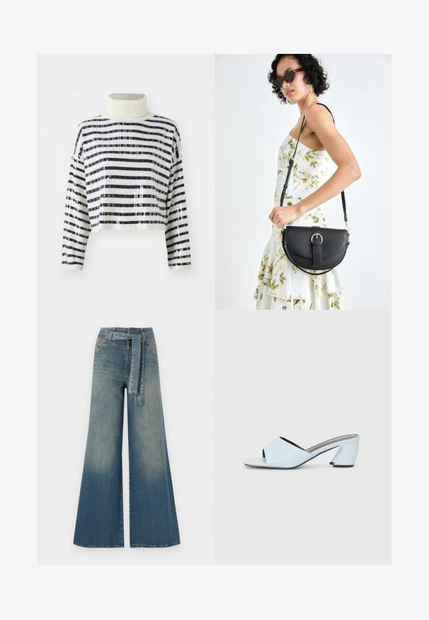 Pasėtas džemperis su aukštu golfu, turintis jūrinės ir baltos horizontalios juostelės ir blizgučių apdailą tekstūrai ir blizgesiui.; Platus džinsinis kelnes su šviesiai tamsiai mėlynu gradientu, aukštu juosmeniu, diržo kilpomis ir atitinkančiu audinio diržu. Textūruotas džinsinis paviršius.; Šviesiai mėlynos atvirų pirštų kulno mules su geometriniu dizainu, turinčios plačią juostą per pėdą ir stambų, kampuotą kulną.; Juodas odinis krepšys su išlenkta forma, nuimamu dirželiu ir auksiniais detalėmis. Krepšys turi kilpą su sagtimi.