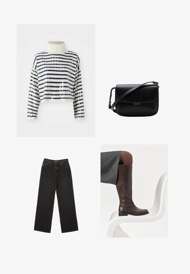 Kratka jopica z visokim ovratnikom, ki ima mornarsko modre in bele vodoravne črte ter bleščice za teksturo in sijaj.; Črne široke jeans hlače iz denima, z majhnimi pikčastimi vzorci, klasičnim petim žepom ter z gumbom in zadrgo za zapiranje.; Rjave usnjene škornje do kolen z zaobljenim nosom, gladko teksturo in minimalnimi šivi, postavljeni na svetlo ozadje na belem stolu.; Črna usnjena torbica prek telesa z zapiranjem na preklop in nastavljivim ramenskim trakom, ki ima majhen pravokoten zlat detajl.