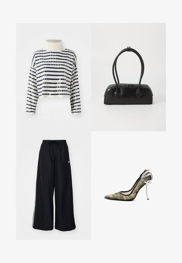 Gekürzter Pullover mit hohem Kragen, der marineblau-weiße horizontale Streifen und einen Paillettenfinish für Textur und Glanz aufweist.; Schwarze weite Hosen aus leichtem Material. Mit elastischem Bund und Kordelzug sowie weißen Seitenstreifen. Markenlogo auf der Hüfte.; Camouflage-muster High Heel Schuh mit einem klaren Mesh-Obermaterial, spitzem Zeh und einer metallisch-silbernen Akzentuierung an der Ferse.; Schwarze Lederhandtasche mit zwei verlängerten Griffen, Reißverschluss und runder Form; glatte Textur mit subtiler glänzender Oberfläche.