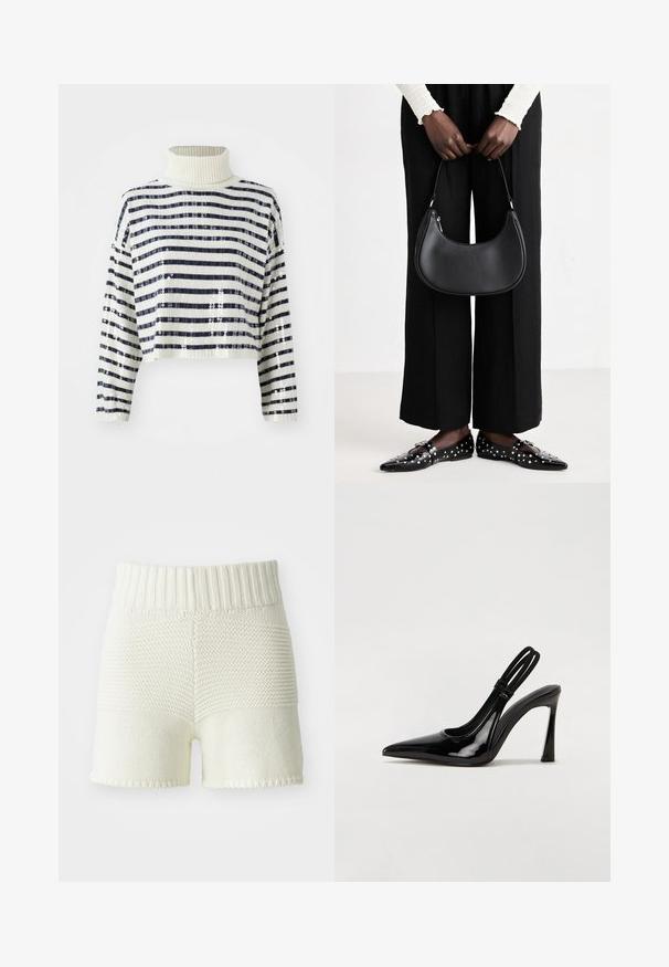 Gekürzter Pullover mit hohem Kragen, der marineblau-weiße horizontale Streifen und einen Paillettenfinish für Textur und Glanz aufweist.; Strickshorts in Off-White mit geripptem Bund, präsentiert einen Texturunterschied zwischen den oberen und unteren Bereichen, gesäumte Kanten.; Schwarze Lackleder Slingback-Pumps mit spitzem Zehenbereich, schlankem hohen Absatz und doppeltem elastischen Riemen für einen sicheren Sitz. Glatte, glänzende Oberfläche.; Schwarze Leder-Schultertasche mit runder Form, glänzender Oberfläche und silbernem Beschlag. Person trägt schwarze weit geschnittene Hosen und Nieten-Loafers.; Goldfarbene Metallohrringe in einer glatten, abgerundeten dreieckigen Form mit Steckverschluss; reflektierende Oberfläche mit minimaler Detailarbeit.