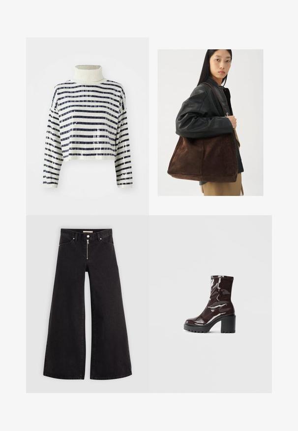 Pulover scurt cu guler înalt, cu dungi orizontale bleumarin și albe, având un finisaj cu paiete pentru textură și strălucire.; Jeans cu picioare largi din denim negru, cu fermoar în față, design cu cinci buzunare și detalii subtile de cusătură. Textură netedă și stil casual.; Botine lucioase burgundy, cu toc gros negru, având o textură netedă și un design simplu. Fără închideri sau modele vizibile.; Geantă de umăr din suede maro, cu o formă largă și o textură moale, având o singură curea și hardware minim pe un fundal neutru.