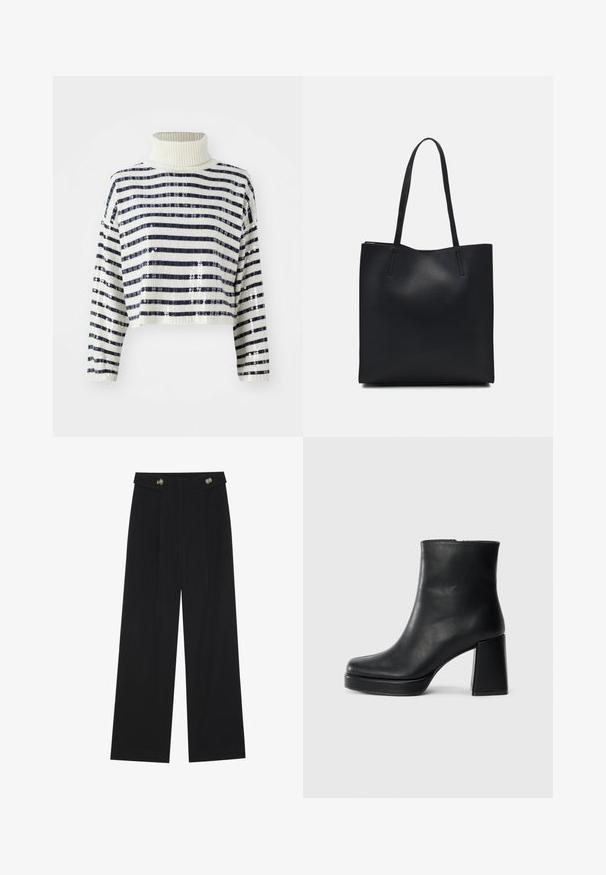 Pull court avec un col montant, comportant des rayures horizontales bleu marine et blanches, et une finition en sequins pour texture et éclat.; Pantalons larges noirs à taille haute, avec des détails de boutons à la taille et des plis sur le devant.; Bottine en cuir noir avec un talon bloc et une semelle plateforme, vue de côté sur un fond blanc uni.; Sac fourre-tout en cuir noir avec une texture lisse, de forme rectangulaire et deux longues poignées. Pas de matériel ou d'ornementations visibles.
