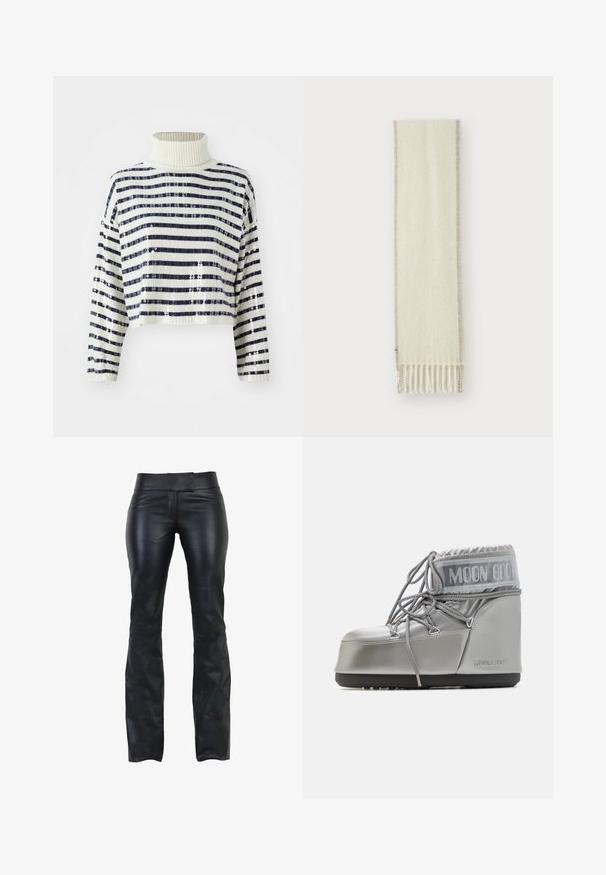 Gekürzter Pullover mit hohem Kragen, der marineblau-weiße horizontale Streifen und einen Paillettenfinish für Textur und Glanz aufweist.; Schwarze Lederhosen mit schlanker Passform, flachem Bund und Schlag am Ende. Sanfte Textur und minimalistisches Design ohne sichtbare Beschläge.; Silberner wasserdichter Stiefel mit runder Form, strukturiertem Finish und grauen Schnürsenkeln. Besitzt ein großes "MOON BOOT"-Logo im oberen Bereich.; Cremfarbener Schal aus weichem Material mit beiger Bordüre und fransigen Enden. Die Textur wirkt glatt und warm.; Dolce Vita JOSIE - Handtasche - pecan; Goldfarbene Ohrringe mit einer glatten, runden Form, die eine reflektierende Oberfläche und einen Steckverschluss für sicheren Halt aufweisen.