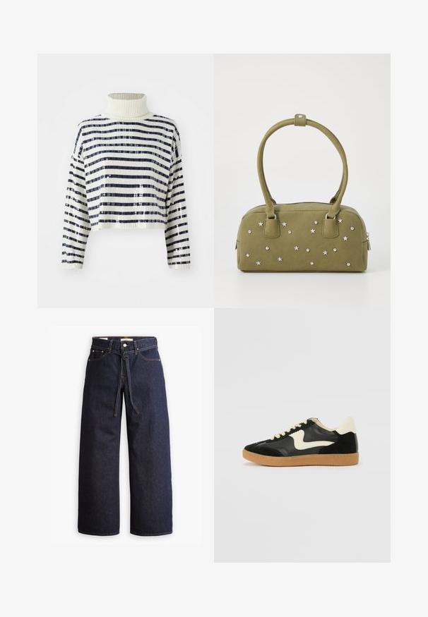 Suéter recortado con un alto cuello, que presenta rayas horizontales en azul marino y blanco y un acabado de lentejuelas para agregar textura y brillo.; Jeans de mezclilla oscuros de pierna ancha con cintura alta, que cuentan con un lazo ajustable, cinco bolsillos y detalles de costura en contraste.; Zapatillas de deporte de ante y cuero negro con un swoosh lateral en crema y un talón en crema claro. Presenta cordones beige y una suela de goma marrón.; Bolso de mano de gamuza sintética de color verde oliva con adornos de estrellas y tachuelas plateadas. Presenta dos asas cortas y un cierre de cremallera en la parte superior.