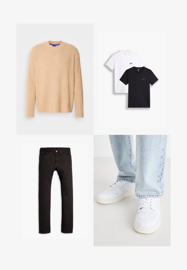 HUGO SANOU - Camisola - medium beige; Duas t-shirts de mangas curtas: uma branca e uma preta. Ambas feitas de algodão com um logótipo vermelho da Levi's no peito. Design simples de gola redonda.; Jean slim preto com cinco bolsos e fecho de botão, exibido de forma plana sobre um fundo branco.; Sneakers brancos de couro de cano baixo com biqueira perfurada, atacadores planos e design minimalista. Combinados com jeans de ganga de cor azul clara.