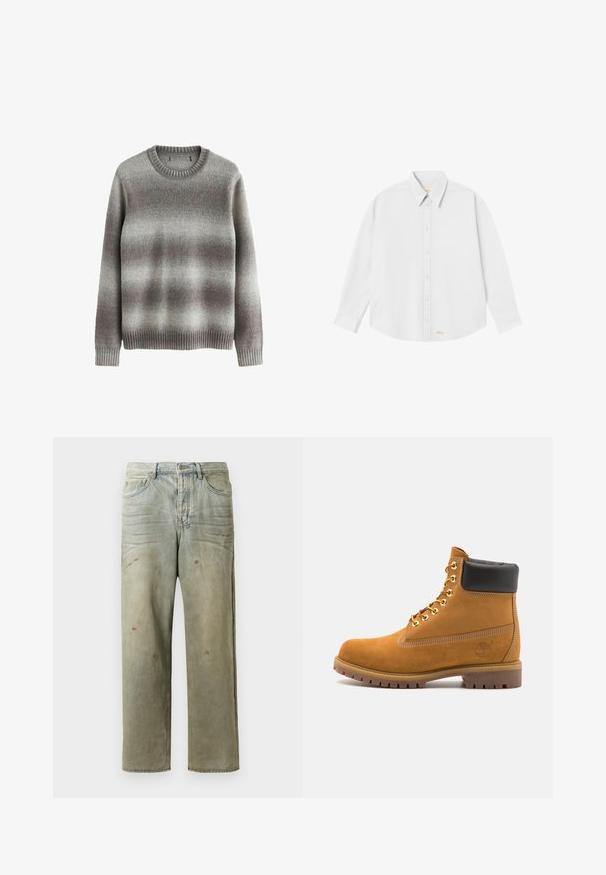 Grauer Pullover aus weichem Material mit klassischem Rundhalsausschnitt, gerippten Bündchen und Saum sowie einem Farbverlaufsmuster in helleren und dunkleren Farbtönen.; Weißes Hemd mit klassischem Kragen, langen Ärmeln und abgerundetem Saum; verfügt über ein kleines oranges Logo auf der linken Unterseite.; Distressed Denim-Jeans in Hellgrün, mit geradem Bein, Fünf-Taschen-Design und ungleichmäßiger Ausbleichung sowie Farbspritzern.; Beige Wildleder-Ankle-Boot mit schwarzem gepolstertem Kragen, goldenen Metallösen, weißen Nähdetalben und einer robusten Gummisohle mit ausgeprägtem Profil.