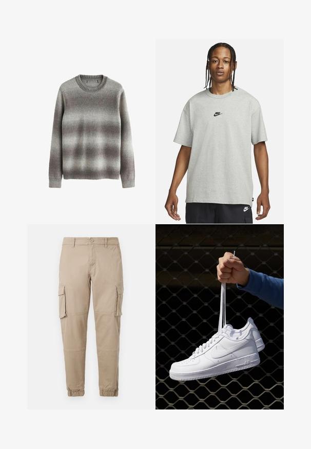 Grauer Pullover aus weichem Material mit klassischem Rundhalsausschnitt, gerippten Bündchen und Saum sowie einem Farbverlaufsmuster in helleren und dunkleren Farbtönen.; Junge Person mit geflochtenem Haar, die ein hellgraues Nike-T-Shirt und schwarze Nike-Shorts trägt, vor einem einfarbigen weißen Hintergrund.; Beige Cargo-Hosen aus leichtem Baumwollmaterial. Mit elastischen Bündchen, mehreren Seitentaschen und einem Knopfverschluss.; Weiße Leder-Sneaker mit Perforationen, runder Zehenpartie, flacher Sohle und dicken Schnürsenkeln, mit sichtbar eingesticktem Swoosh-Logo und "AIR" an der Ferse.